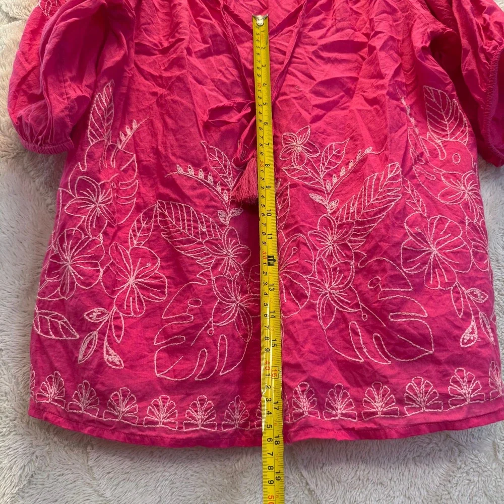Hot Pink Embroidered Peasant Top Monstera Floral Tassel Puff Sleeve Blouse M - Picture 7 of 10
